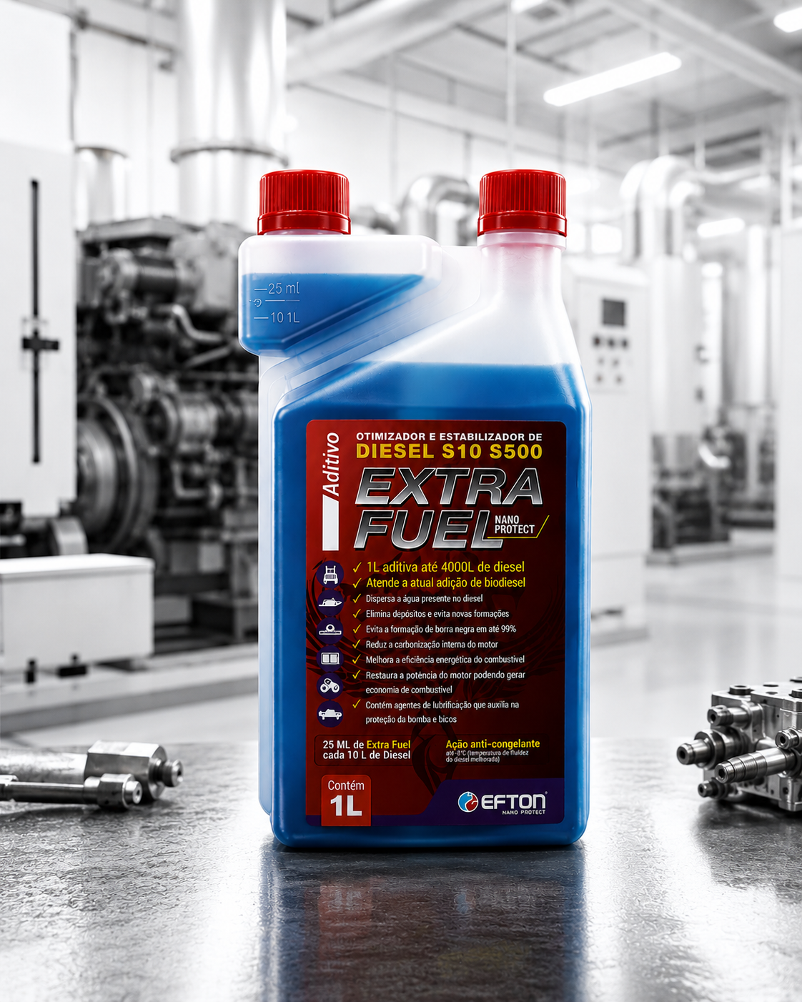 Extra Fuel — aditivo otimizador de diesel S10 S500 em ambiente industrial